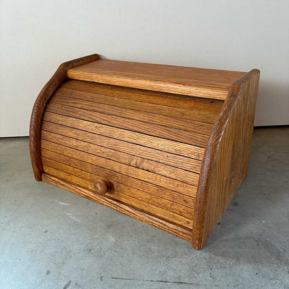 Vintage Cottage-Core Wooden Walnut Roll-Top Bread Box